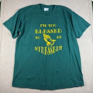 Y2K Christian Graphic T-Shirt XL Green‎ Praying Hands Bible Religious Tee